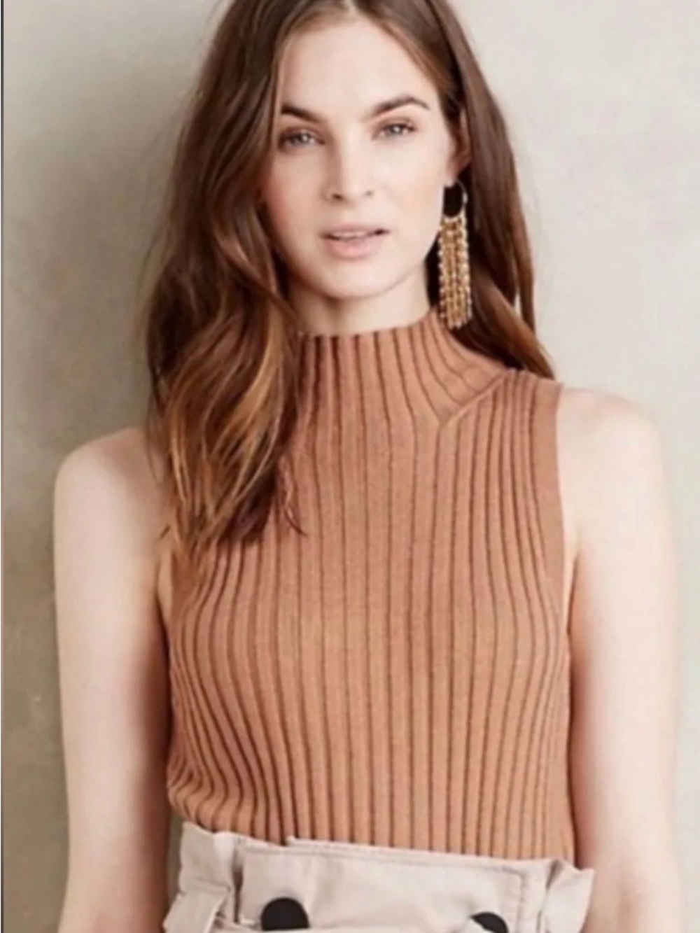 Anthropology Moth Wide Ribbed-Knit Sleeveless Turtleneck Tank Top in Camel - S